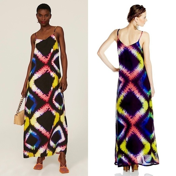 BUSAYO African Hand Dyed Colorful Geometric Print Sleeveless Maxi Slip Dress M - Picture 1 of 10